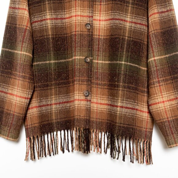 SOLD - Vintage Brown Green Wool-Blend Plaid Fringed Shirt Jacket Norton Studio - Picture 7 of 12